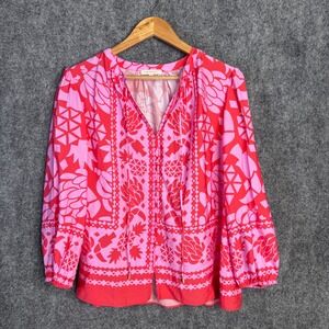 Skies Are Blue Shirt Women M Pink Red‎ Pineapple Tropical Boho Peasant Resort